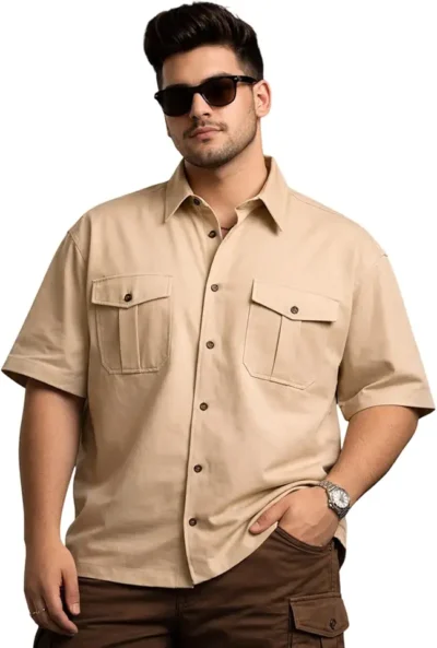 Veirdo Solid Plus Size Camp Collar Shirt for Men, Oversized Fit Casual Shirt, Short Sleeves, Comfortable Fabric for All Day Wear, (Sizes 3XL to 5XL)