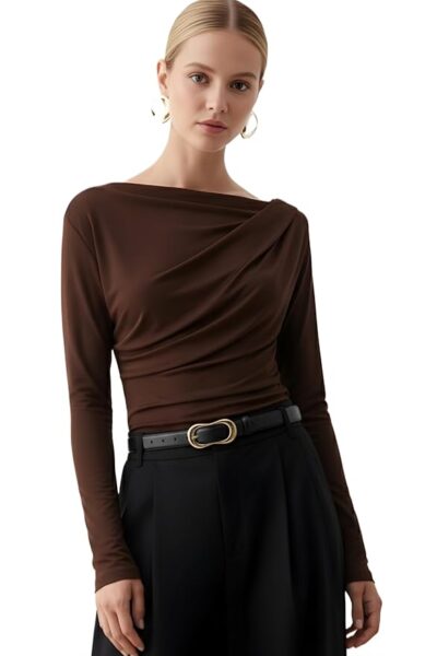 SIGHTBOMB SOFTLINE Asymmetric Boat Neck FRONTFLOW Gathered Waterfall Afford LUX Edition Formal WEAR Long Sleeve Feather Touch TOP for Women