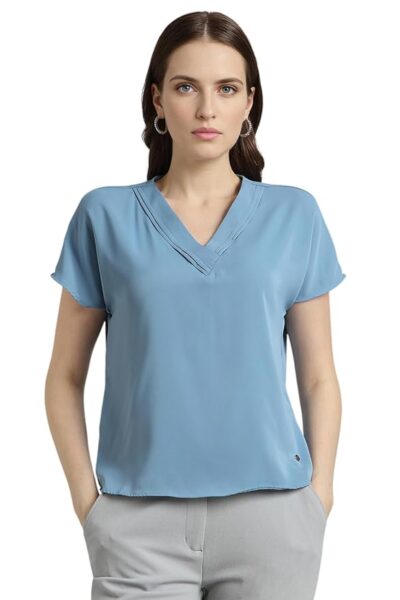 Van Heusen Women's Polyester Regular Fit Half Sleeve V Neck Formal Top