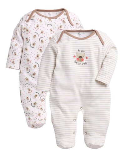 BABY GO Baby Boys & Baby Girls Cotton Full Sleeve Sleepsuit Pack of 2 | Newborn Infant Romper Jumpsuit with Snap Buttons | Soft Breathable Onesie Set | Cute Bear Print & Striped Design