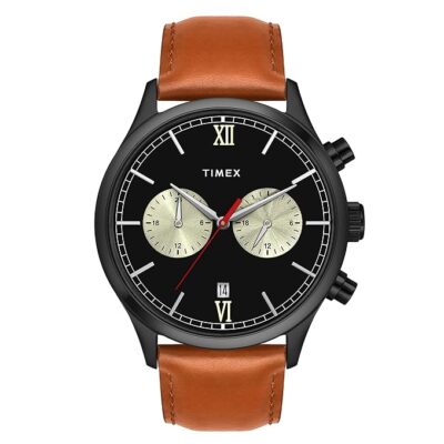TIMEX Analog Watch for Man with Black Round Dial & Tan Leather Strap Band Water Resistant Men's Wrist Watches - TWEG19808